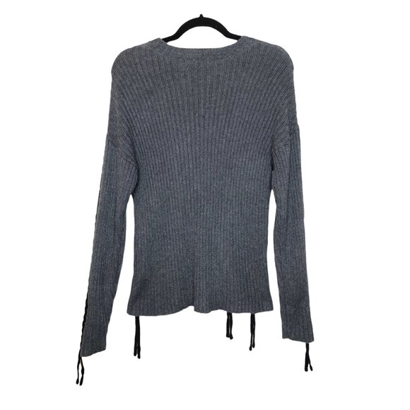 Kathie K Gray Ribbed Sweater Black Lace Up Detail Long Sleeve Round Neck Size M - Picture 7 of 7
